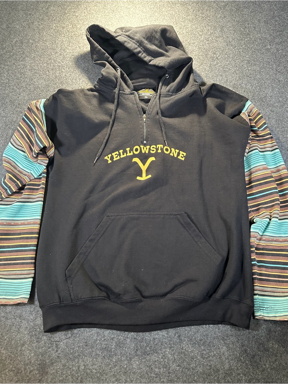Yellowstone Black Hoodie with Striped Multi-Color Sleeves